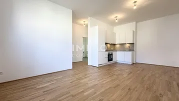 Heller, offener Wohnbereich mit moderner Einbauküche und hochwertigem Parkettboden, ideal für zeitgemäßes Wohnen.