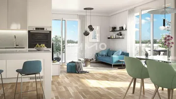 Moderner offener Wohn-Essbereich mit integrierter Küche, Holzboden und Zugang zum Balkon.