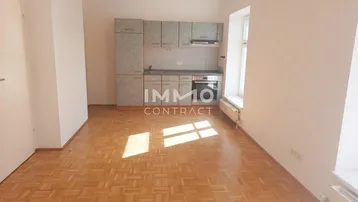 Heller Wohnraum mit integrierter Küchenzeile, Parkettboden und Tageslicht durch das Fenster.