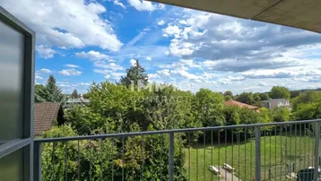 Weitläufiger Blick vom Balkon ins Grüne mit Bäumen, Rasenflächen und Sitzbänken unter blauem Himmel.