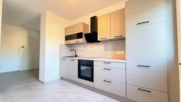 Moderne Einbauküche mit hellgrauen Schränken, schwarzen Geräten und Fliesenboden.