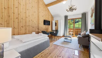 Helles Wohn-Schlafzimmer mit Holzboden, Holzwänden, hohen Decken und Zugang zum Balkon.