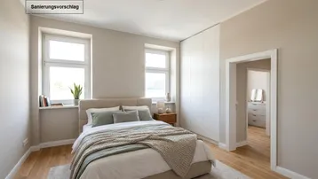 Helles Schlafzimmer mit modernem Bett, Einbauschrank und Holzboden, als Sanierungsvorschlag dargestellt.