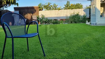 Gepflegter Rasenbereich mit Gartenstuhl und einem kleinen Gartenhaus im Hintergrund unter blauem Himmel.