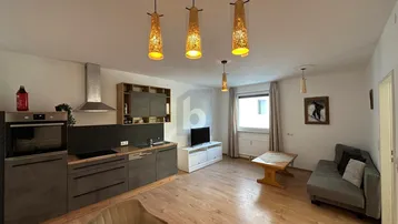 Offener Wohnbereich mit integrierter moderner Küche, Holzboden und gemütlicher Sitzecke.
