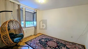 Helles Zimmer mit Parkettboden, einem Hängesessel und einem gemusterten Teppich.