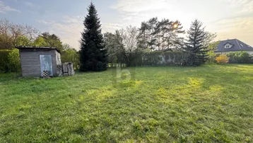 Großer Gartenbereich mit Rasenfläche, Baumbestand und einem kleinen Holzschuppen unter sonnigem Himmel.