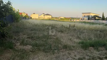 Ungenutztes Grundstück mit trockenem Gras und Blick auf umliegende Häuser unter klarem Himmel.