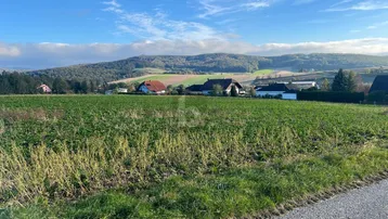 Weite grüne Felder mit Häusern im Hintergrund und sanften Hügeln unter blauem Himmel.