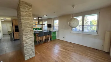 Offener Wohnbereich mit Holzboden, integrierter Küche und Blick ins Grüne durch die Fenster.