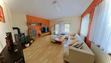 Geräumiges Wohnzimmer mit hellem Parkettboden, orangefarbener Akzentwand und Kaminofen.