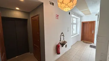 Eingangsbereich mit Fliesenboden, zwei Holztüren, einem dekorativen Wandbrunnen und Zugang zum Aufzug.