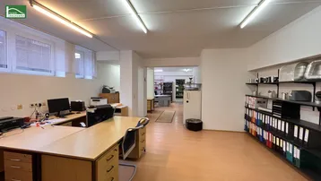 Geräumiges Büro mit mehreren Arbeitsplätzen, Regalen und natürlichem Lichteinfall durch die Fenster.