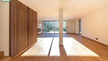 Heller Wohnbereich mit Holzboden, viel Tageslicht und integriertem Kamin.