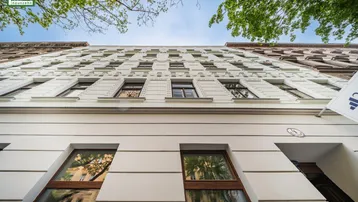 Blick von unten auf die frisch renovierte, weiße Fassade eines Altbaus mit vielen Fenstern und grünen Bäumen.