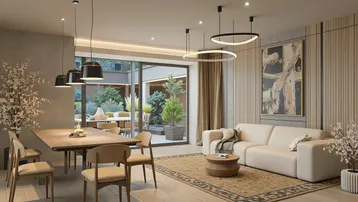 Moderner Wohn- und Essbereich mit großen Fenstern, Zugang zur Terrasse und stilvoller Einrichtung.