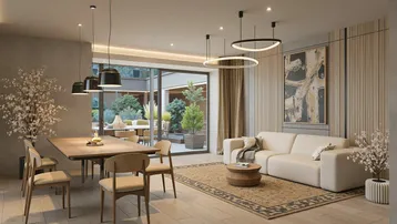 Heller, offener Wohn- und Essbereich mit modernem Design, Holzboden und Zugang zu einer Terrasse mit Grünblick.