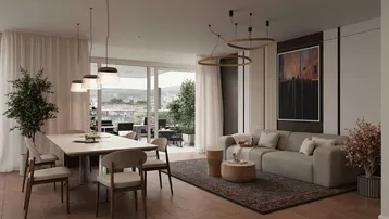 Helles Wohn- und Esszimmer mit modernem Design, Holzboden und Zugang zu einer großen Terrasse.