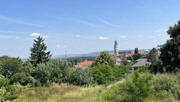 Panoramablick über ein grünes Grundstück mit Häusern und einem Kirchturm am Horizont unter blauem Himmel.