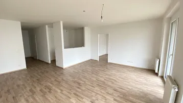 Heller, leerer Wohnbereich mit modernem Laminatboden und offener Raumgestaltung.