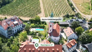 Luftaufnahme des Anwesens mit umliegenden Weinbergen, der Kirche Kahlenbergerdorf und dem Kahlenberg.