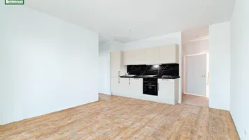 Offener Wohnbereich mit integrierter Küchenzeile und Holzboden, ideal für modernes Wohnen.