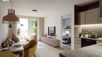 Heller, offener Wohn- und Essbereich mit moderner Küche und Zugang zum Balkon.