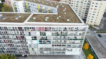 Moderne Gebäudefassade mit vielen Fenstern und begrüntem Flachdach, aus erhöhter Perspektive.