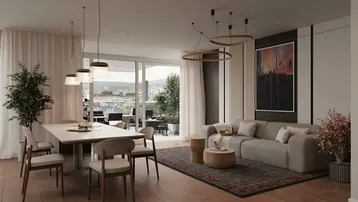 Geräumiger Wohn- und Essbereich mit moderner Einrichtung und Zugang zu einem Balkon.