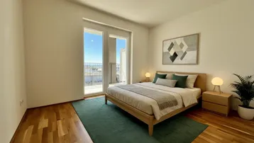 Helles Schlafzimmer mit Holzboden, Balkonzugang und moderner Einrichtung.