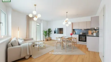 Modern eingerichteter Wohn-Essbereich mit offener Küche und Zugang zum Balkon.