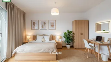 Modern eingerichtetes Schlafzimmer mit Holzbett, Schreibtisch und Zugang zu einem französischen Balkon.