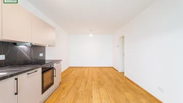 Moderne Einbauküche mit dunkler Arbeitsplatte und hellem Holzboden in einem leeren Wohnbereich.