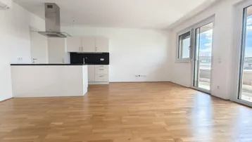Heller offener Wohnbereich mit Parkettboden, integrierter Küche und viel Tageslicht.