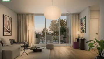 Helles Wohnzimmer mit Holzboden, bequemer Couch und Zugang zu einem möblierten Außenbereich.