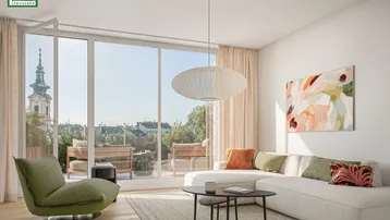 Helles, modernes Wohnzimmer mit Zugang zum Balkon und Blick auf die Stadt mit Kirchturm.