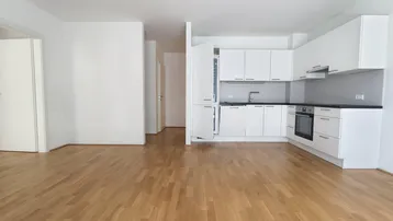 Moderne Einbauküche in Weiß mit dunkler Arbeitsplatte und integrierten Geräten in einem offenen Raum.