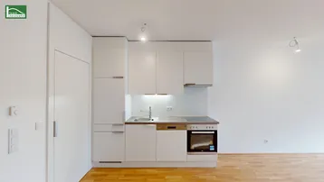 Moderne Einbauküche mit weißen Fronten und integrierten Geräten in einem offenen Wohnbereich.