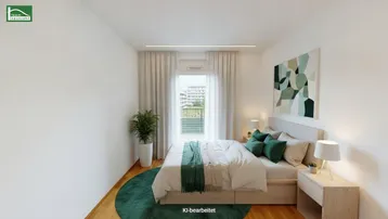 Modernes Schlafzimmer mit Holzboden, großem Fenster und Zugang zu einem französischen Balkon.