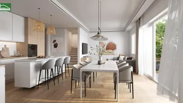 Heller, offener Wohn- und Essbereich mit moderner Küche, Holzboden und Zugang zur Terrasse.