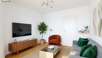 Helles, modern eingerichtetes Wohnzimmer mit Holzboden, bequemer Couch und einem großen Fernseher.