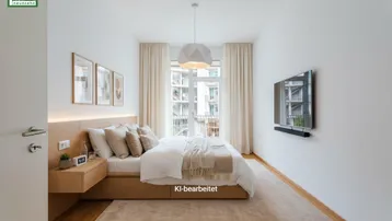 Helles Schlafzimmer mit Holzboden, modernem Bett und Zugang zu einem französischen Balkon.