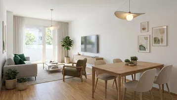 Helles, modern eingerichtetes Wohn-Esszimmer mit Holzboden und Zugang zu einem Balkon.