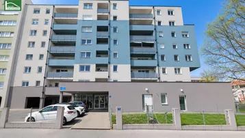 Eingangsbereich eines modernen Wohngebäudes mit Parkplätzen davor und gepflegter Grünfläche.