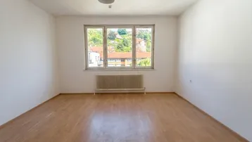 Helles, leeres Zimmer mit Laminatboden und Fensterblick ins Grüne.