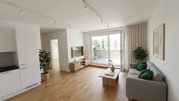 KI-bearbeitetes, helles Wohnzimmer mit Holzboden, modernen Möbeln und Zugang zu einem Balkon.