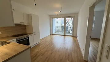 Heller offener Wohnbereich mit integrierter Küche, Parkettboden und Zugang zu einem Balkon.
