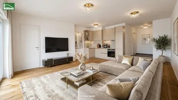 Modernes, offenes Wohnzimmer mit integrierter Küche, Parkettboden und stilvoller Einrichtung.