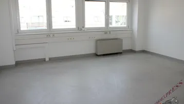 Heller Büroraum mit großen Fenstern, die viel Tageslicht hereinlassen und einem Heizkörper unter der Fensterbank.