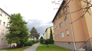 Mehrere Mehrfamilienhäuser mit gepflegten Grünflächen und Bäumen entlang eines Fußwegs.
